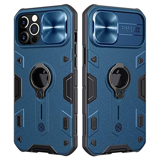 CloudValley for iPhone 12 Pro Max Case with Camera Cover & Kickstand, Slide Lens Protection + 360° Rotate Ring Stand, Impact-Resistant, Shockproof, Protective Bumper, Blue Armor Style