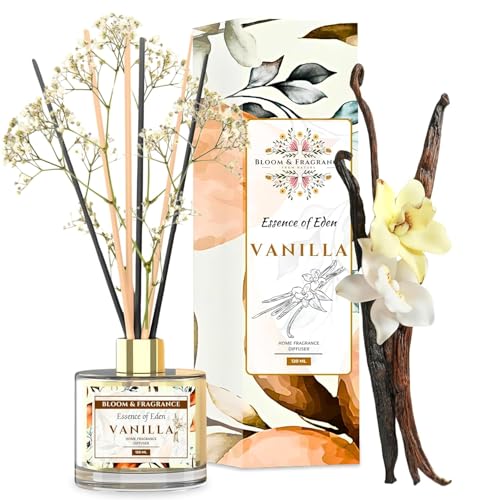 Vanilla Reed Diffuser 4oz Glass Bottle with 6 Premium Fiber Sticks | Toxin-Free, Stress-Relieving &Fine-Living Natural Fragrance for Aromatherapy