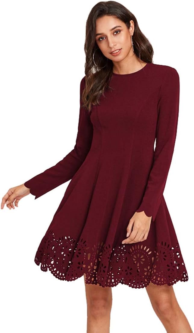 Romwe Women's Scalloped Hem Stretchy Knit Flared Skater A-line Dress Burgundy M