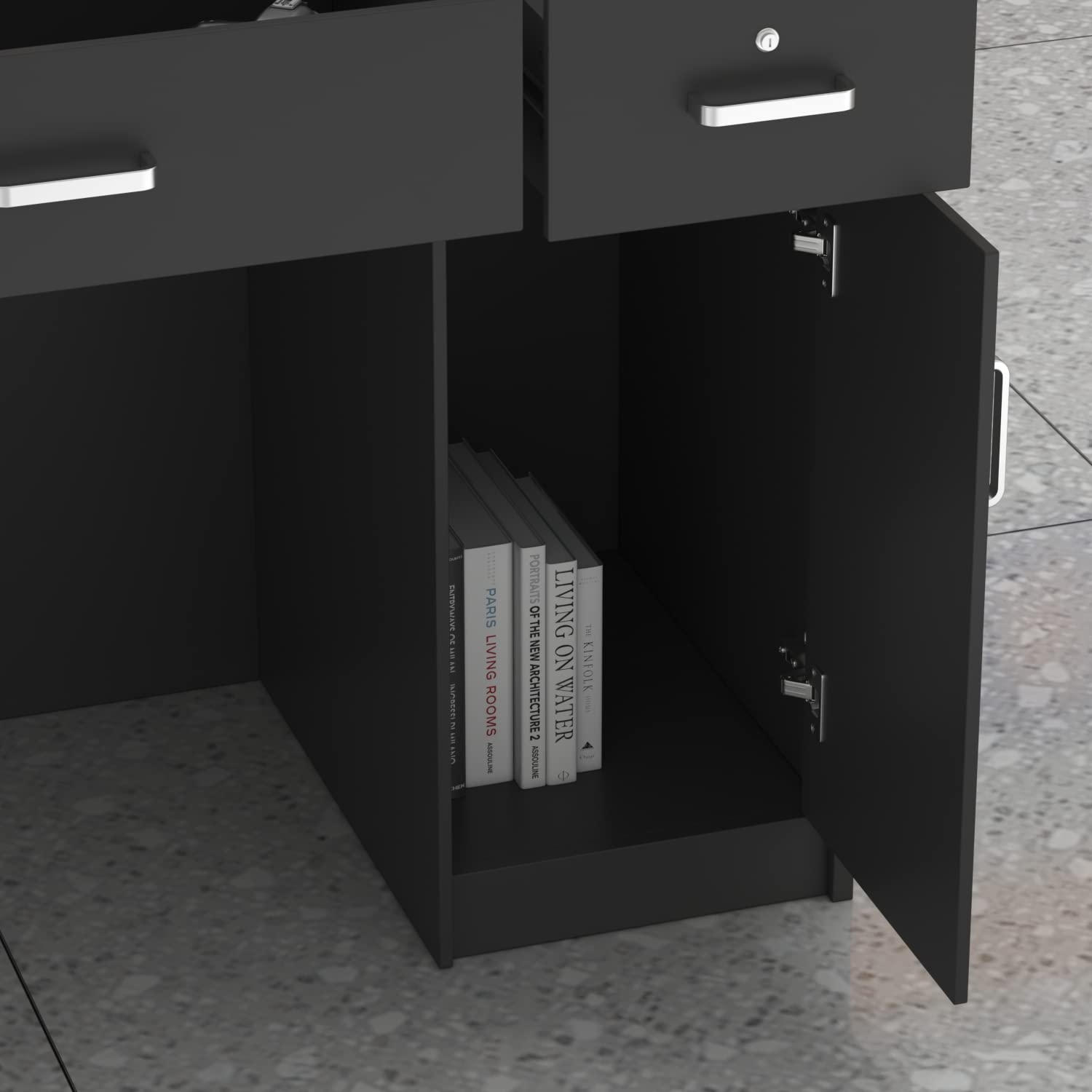 Banco e reception mobili da ufficio con 3 cassetti e 1 armadio, 110 x 120 x 48 cm, nero