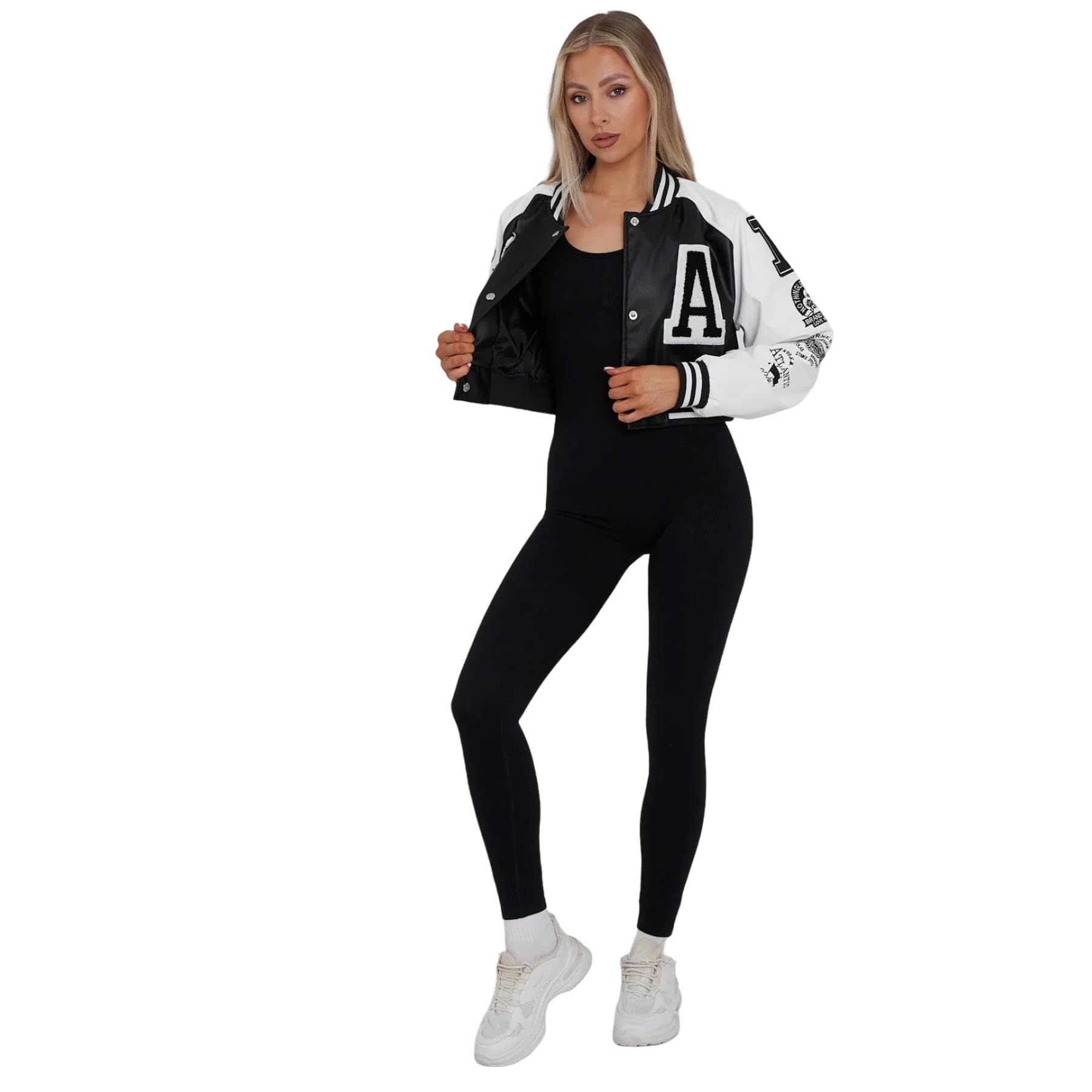 janisramone Cropped-Lederjacke für Damen mit Buchstaben-Details an Armen und Vorderseite, Kunstleder-Bomberjacke für Sport und Freizeit