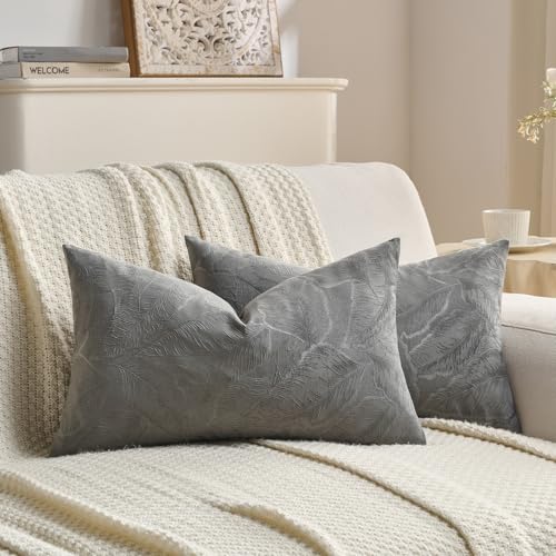 Image of FUTEI Pack of 2 Velvet Throw Pillow Covers 12x20 Inch Soft Embossed Leaf-Relief Textured Decorative Lumbar Pillowcases Modern Natural Farmhouse Accent for Couch Bed Living Room, Dark Grey