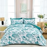 DJY Comforter Set Queen Size, 7 Pieces Teal Botanical Comforters Queen Set Elegant Plants Print with Sheets Bed in a Bag Soft Microfiber Reversible Complete Bedding Sets for All Season