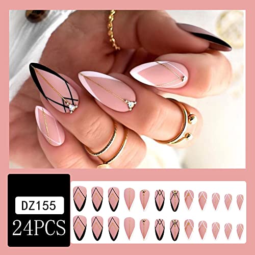 24 Pcs Almond Press On Nails Medium Fake Nails French Tip Stick On Nails Black And White Lines Glue On Nails Flash Powder Design Acrylic False Nails For Women Or Girl Manicure #TOP6