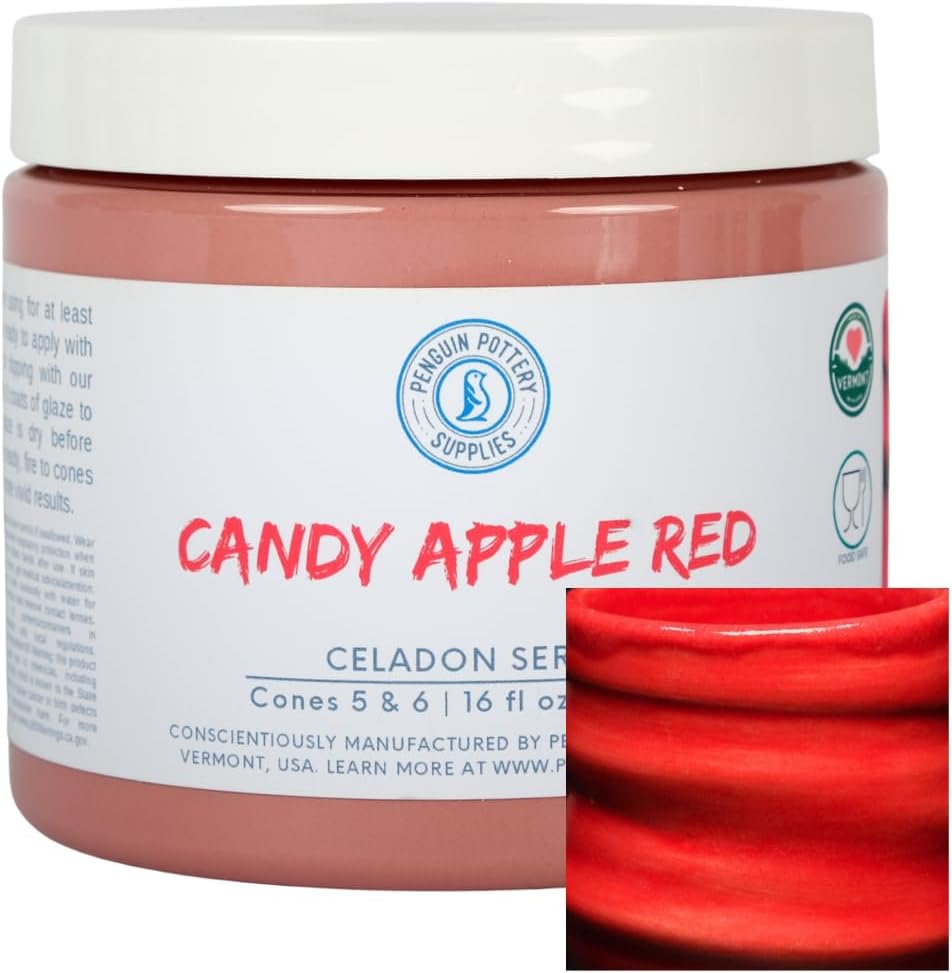 Penguin Pottery - Celadon Series - Candy Apple Red - Mid Fire Glaze, High Fire Glaze, Cone 5-6 for Mid Fire Clay, High Fire Clay - Ceramic Glaze Pottery (1 Pint | 16 oz | 473 ml)