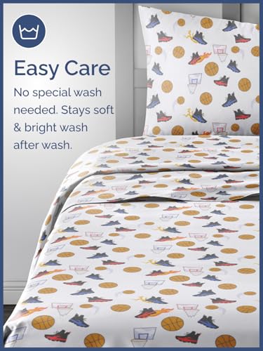 Image of Kids Full Size Basketball Bed Sheets - 4 Piece Kids Basketball Sheet Set | Basketball Themed Bedding, Ultra-Soft, Cute & Cozy, Breathable & Machine Washable, Bed Set for Boys, Girls & Teens & Cooling