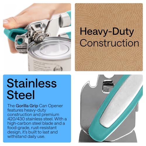 Image of GORILLA GRIP Upgraded Model Stainless Steel Manual Can Opener, Turquoise | US Designed, Oversized Handheld Turn Knob, Comfortable Handle for Easy Turning, Multifunctional Kitchen Tool, Open Bottles