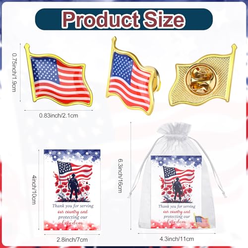 Image of 80 Set Memorial Day Pin Veteran Gifts Bulk American Flag Lapel Pins Thank You Veterans Cards and Organza Bag Patriotic US Flag Pin for Women Men Veterans Independence Day Decoration
