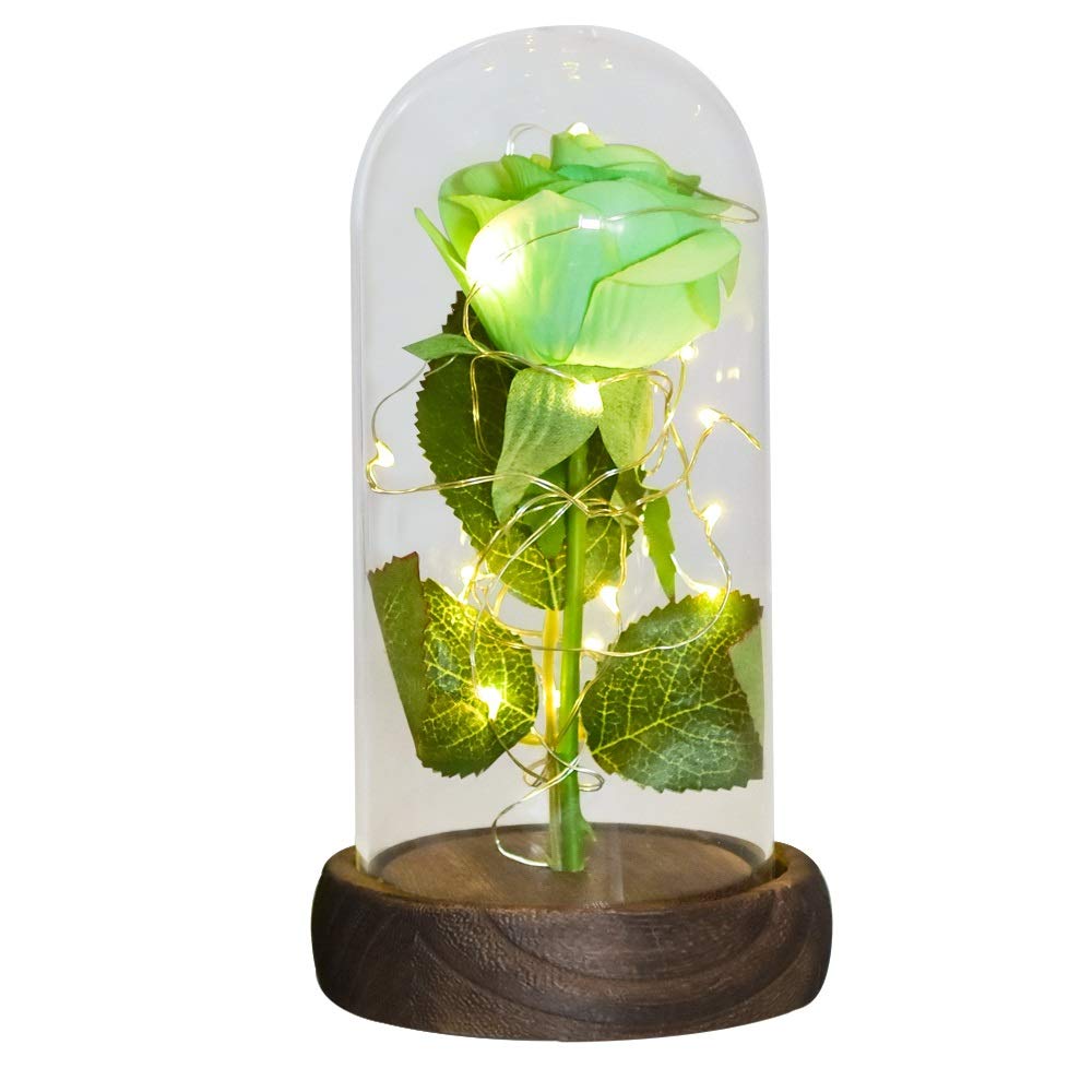 NGHSDO Forever Rose Red/White/Black Eternal Rose Flower In Glass Dome With Light Wooden Base Gifts For Women Eternal Rose (Color : Green flower)