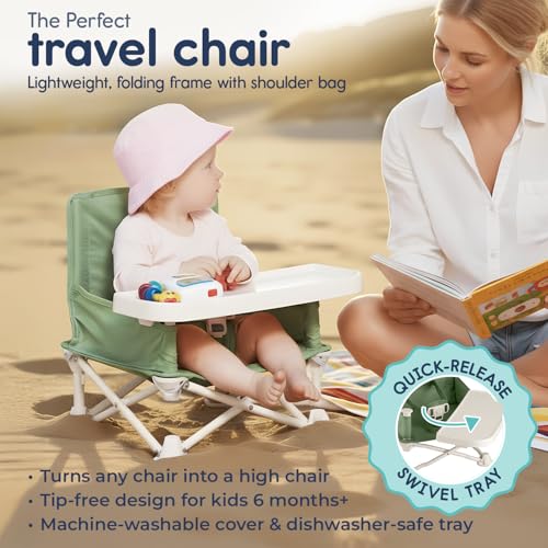 Image of Hiccapop OmniBoost Travel Booster Seat with Tray for Baby | Folding Portable Baby Booster Seat for Dining Table, Camping, Beach, Grandma's | Tip-Free Design Straps to Kitchen Chairs - Booster Chair