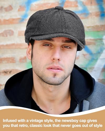 Image of Suhine 6 Pcs Newsboy Cap for Men Octagonal Hat 8 Panel Wool Blend Beret Flat Tweed Adjustable 22 to 24 Inch