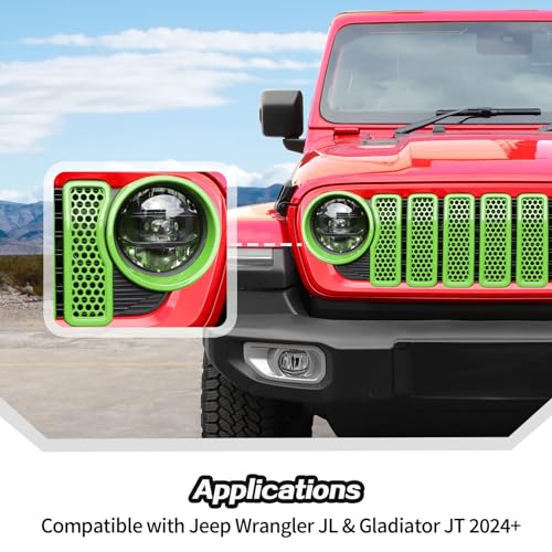 Image of JeCar Mesh Grill Inserts & Headlight Covers Fit for 2024+ Jeep Wrangler JL Grill Covers Trim Accessories (9pcs Green)