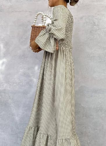 Women's Green Checkered Long Lantern Sleeve Shirred Waist Maxi Dress Crewneck Ruffled Hem Elegant Casual 2025 Fashion3