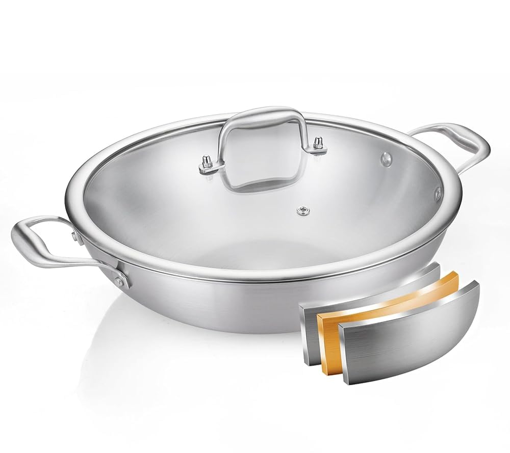 delarlo tri-ply stainless steel flat bottom wok, 13 inch braiser pan with lid, durable large frying pan, fast even heat saute pan, non toxic pan for cooking, oven broiler safe 600f(not lids)