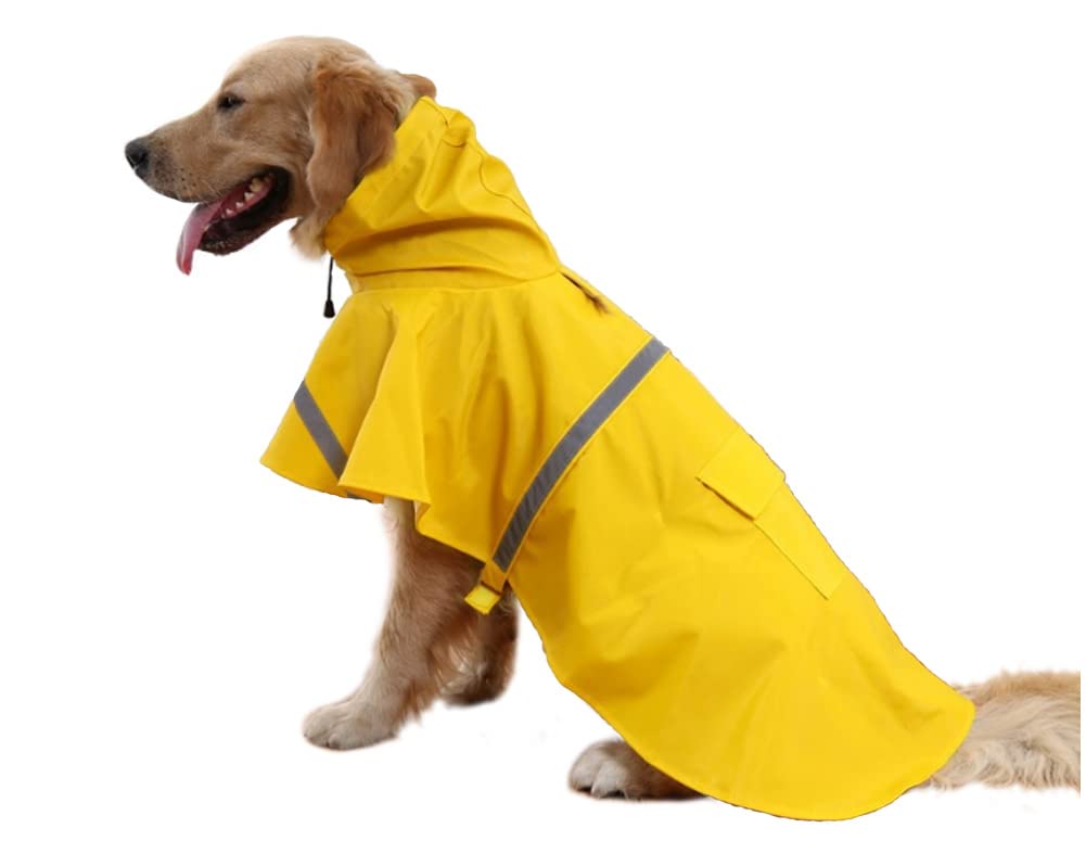 Mikayoo Large Dog Raincoat Adjustable Pet Waterproof Clothes Lightweight Rain Jacket Poncho Hoodies with Strip Reflective(Yellow,L)