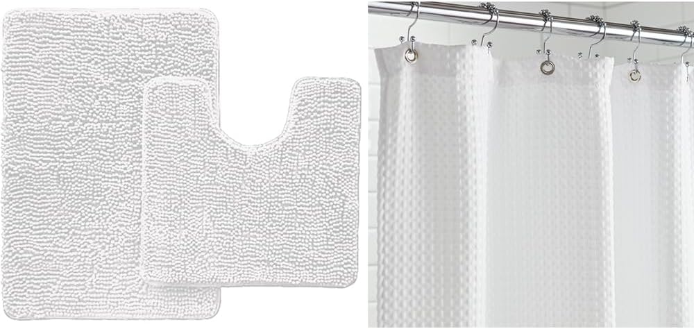 GORILLA GRIP Area Set and Waffle Shower Curtain, Contour Set Includes 30x20 Bath and Toilet Mat, Microfiber Quick Dry, Shower Curtain Size 72x78, Washable, Both in White, 2 Item Bundle