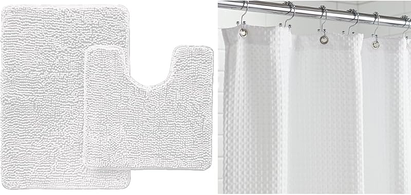 Juego de área y cortina de ducha tipo gofre, juego de contorno que incluye tapete de baño e inodoro de 30 x 20, microfibra de secado rápido, tamaño de cortina de ducha 72 x 78, lavable, ambos en blanco, paquete de 2 artículos