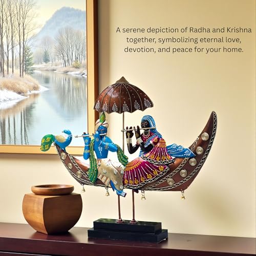 Image of KRAFTSKALA Radha Krishna on Boat Showpiece - 2-in-1 Wall Hanging & Tabletop Iron Metal Decor with Wooden Base | 22 Inch Handcrafted Figurine for Living Room, Diwali Gifting