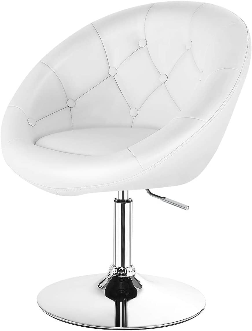 LDAILY LUARANE Modern Vanity Chair, Height Adjustable PU Leather Accent Chair with Metal Frame Round Tufted Back, Tilt Swivel Makeup Chair for Living Room Bedroom Lounge Pub, White (1)