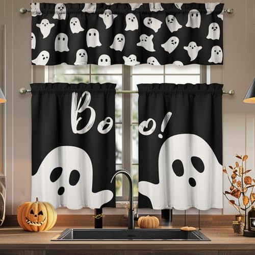 Xsinufn Halloween Kitchen Curtains Valances and Tiers 3 Piece Set Boo Ghost Spooky Rod Pocket Short Tier Curtain Over Sink Window Farmhouse Cafe Black Curtains for Kitchen Decor 36 Inch
