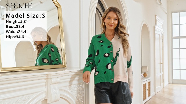 SHENHE Women's Color Block Button Down Animal Print Cardigan V