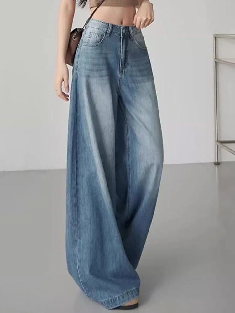 Pantalones Vaqueros para Mujer Primavera Rectos Coreano Tiro Alto Pierna Ancha Casuales Holgados Jeans para Mujeres