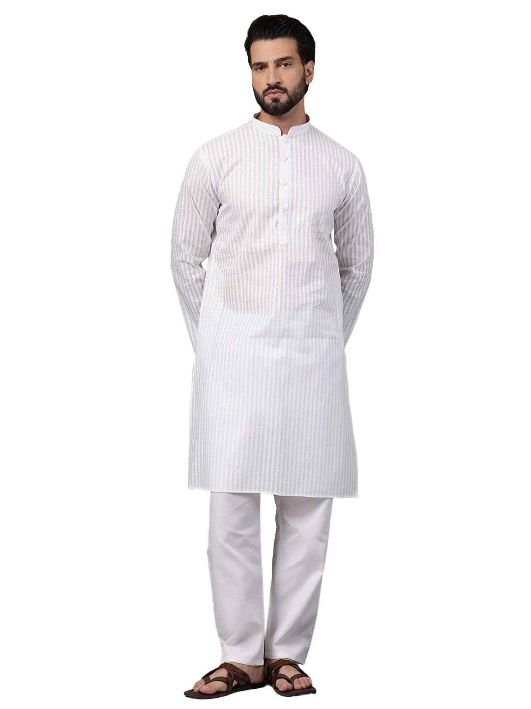 sojanya (Since 1958 Men's Pure Cotton Striped White Kurta With White Pyjama-picture-22