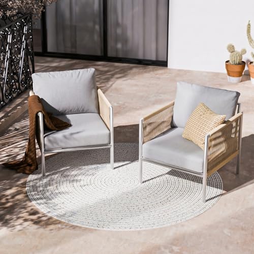 Image of ZANDOR Aluminum Outdoor Patio Furniture 2 Pcs Armchair, All-Weather Metal Modern Outside Furniture with Washable Thick Cushion, HDPE Woven Rope Rattan Bistro Sofa Chair, Garden /Backyard /Porch, Silver