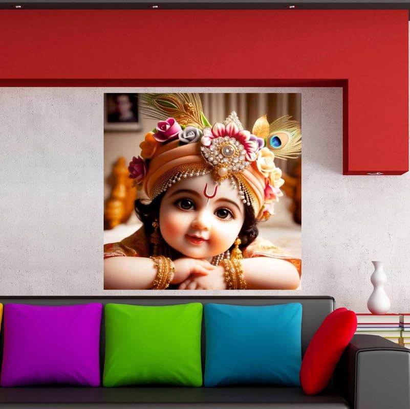 Image of British Terminal Cute little Bal Gopal Baby God Krishna| Kanha Ji | Laddu Lord Makhan Chor Painting Religious Poster for Pregnant Women for wall (matt thin vinyl,sticker,multicolor,unframed)| bj208