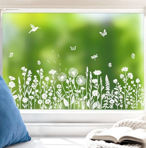 5 Sheets Wildflower Meadow Window Clings Spring Summer Anti Collision Decals Reusable Double Sided Floral Static Stickers for Home Glass Doors Mirrors