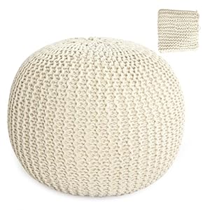 HOMBYS Unstuffed Ottoman Pouf Cover, 100% Cotton Handmade Knitted Ottoman Pouf Cover Round Foot Stool, Floor Bean Bag Chair, Foot Rest with Storage for Living Room Bedroom, Beige(Cover ONLY NO Filler)