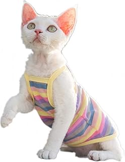 HAICHEN TEC Hairless Cats Stripe Camisole, Breathable Summer Sleeveless Vest Shirts for Sphynx, Cornish Rex, Devon Rex, Peterbald, Cat Wear Hairless Cat Clothes Soft Skin-Friendly Cats Apparel