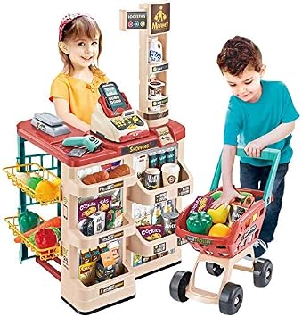 deAO Grocery Store Playset with Kids Shopping Cart,66 PCS Supermarket Toy