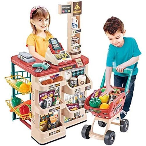 deAO Kids Supermarket Playset, Pretend Role Play Toy Shop with Shopping Cart &, Cash Register,Toddler Educational Toy for 3-8 Years