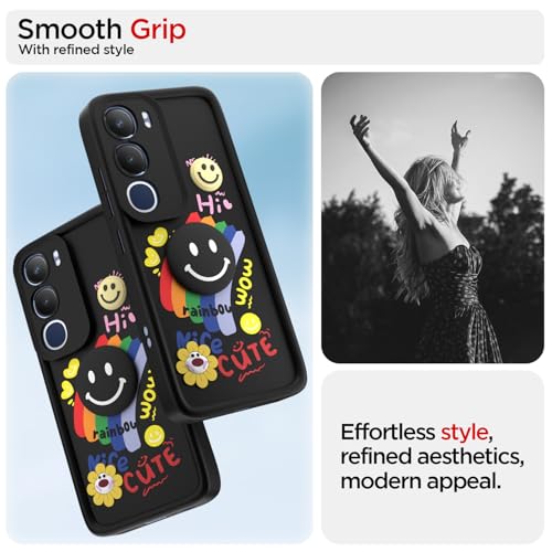 Image of Pikkme Back Cover for Vivo Y29 5G / Vivo Y19s | Soft Silicone| Cute Rainbow Smile & 3D Cartoon Flower Design | Shockproof Raised Camera Protection Bumper Case (Black)