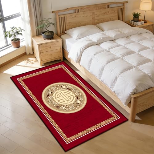 RUGMRZ Descente de Lit Rouge Orientale 90x160cm,Tapis de Chambre Doux et Moelleux,Style Traditionnel Chinois,Tapis de Salon Lavable,Antidérapant,Compatible...