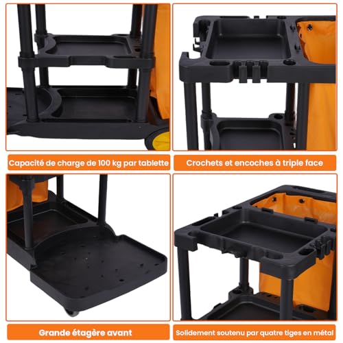 mosegor Putzwagen Reinigungswagen Profi, Reinigungswagen mit 65L Tasche,4 Rollen Einigungswagen für Gewerbe Hotelservice, Gastronomie, Großküche, 113 x 56 x 93 cm – Bild 8