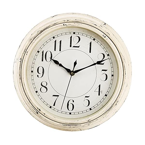 Peohud Silent Wall Clock, 12 Inch Vintage Non Ticking Quartz Battery Operated Round Clock, Rustic Wall Clock for Living Room Kitchen Home Office Classroom School, Creamy White