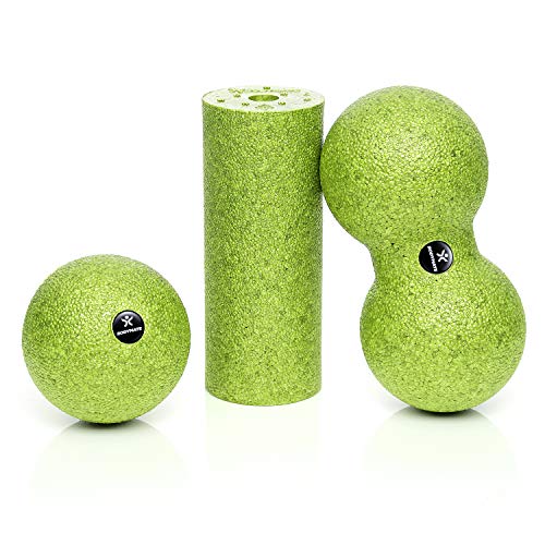 BODYMATE Set con rodillo miofascial mini 15 cm largo x 6 cm diámetro, bola 8 cm diámetro y bola doble 8 cm diámetro