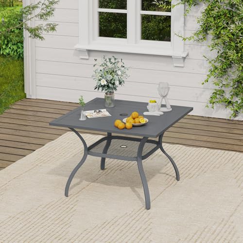 Image of VICLLAX Outdoor Patio Dining Table for 4, Square Patio Table with Umbrella Hole for Patio Lawn Deck Backyard, Dark Grey Tabletop