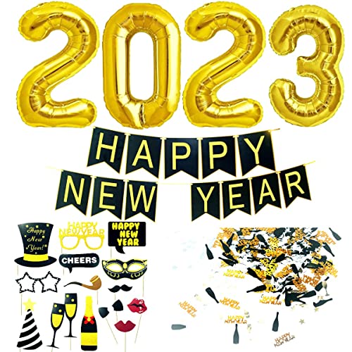 Silvester Deko 2023 Dekoration Set, Neujahr Silvesterdeko, Happy New Year Girlande + Folienballons + Fotorequisiten Masken Konfetti. Neujahrsdeko / Silvesterpartydeko Accessoire für Silvesterparty