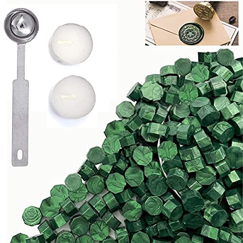 Kit Perlas de Cera de Sellado, Kit de Cuentas de cera de Octagonal vintage con 2 Velas de Té Y 1 cucharas de Cera, Sello Lacre para Invitaciones de Boda, Sobres de Tarjetas, Envoltura de Vino(Verde) Cover