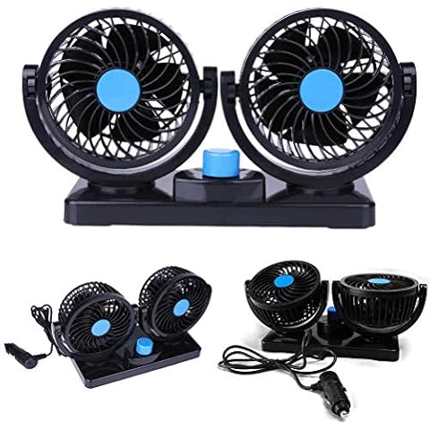 EVERGD Electric Car Vehicle Fan 12V Car Fan 2 SPEED 360° Rotating Adjustable Dual Head Car Auto Cooling Air Fan Speed Change Summer Cooling Air Circulator for Rear Seat Passenger/ Baby/ Pets Cover