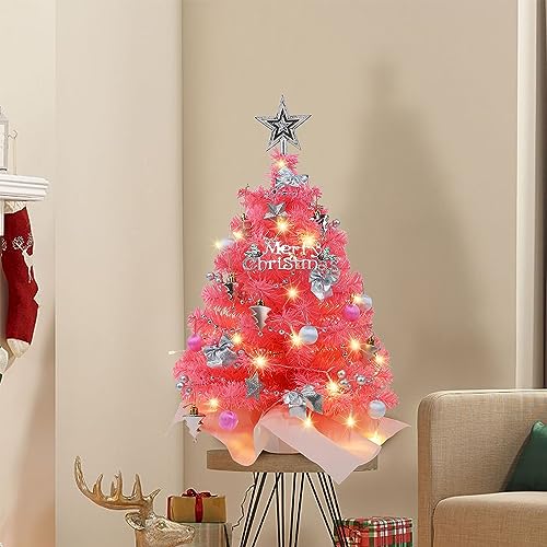 Juegoal Mini árvore de Natal rosa, 60 cm / 6 m, pinheiro artificial iluminado de Natal, árvore peque