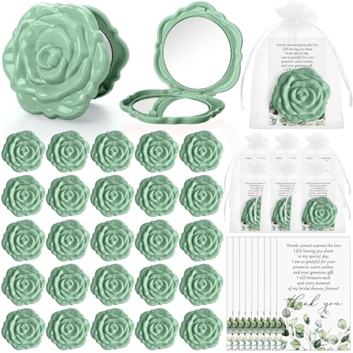 FoldTier 50 Sets Bridal Shower Party Favors for Guests Small Rose Compact Mirror Bulk Wedding Favors Thank You Cards and Organza Bags Wedding Party Guests Souvenir Gift (Green)