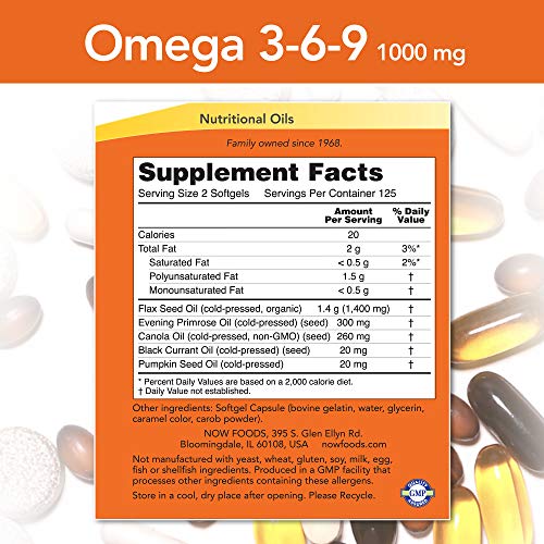 NOW Supplements, Omega 369 1000 mg with a blend of Flax Seed, Evening
