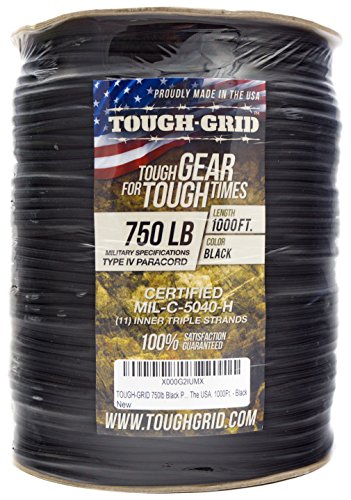 TOUGH-GRID 750lb Black Paracord/Parachute Cord - Genuine Mil Spec Type IV 750lb Paracord Used by The US Military (MIl-C-5040-H) - 100% Nylon - 1000Ft. - Black