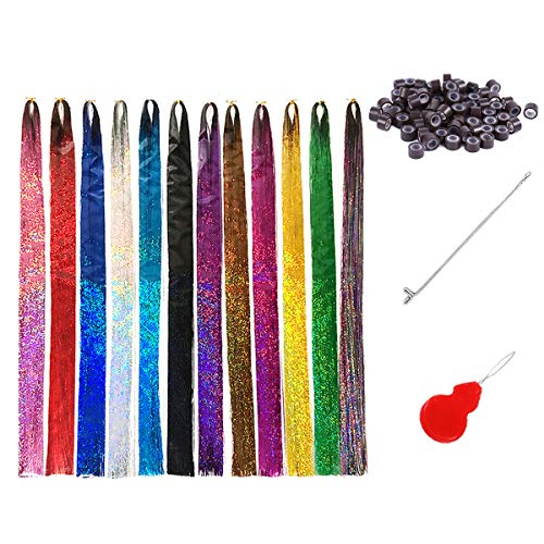 Tototoo Hair Tinsel 3000 Strands With Tools 44 Inch 12 Colors Fairy Hair Heat Resistant Glitter Hair Tinsel Strands Kit Sparkling Shiny Hair Extensions (12 Colors/3000 Strands)