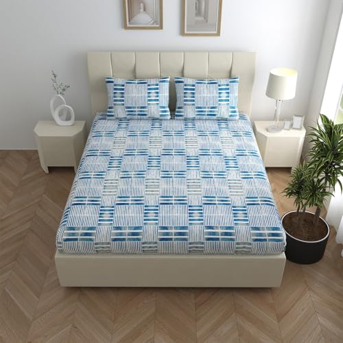 Image of LINENWALAS 100% Cotton Queen Size Fitted Bed Sheet for Double Bed, Printed All Around Elastic Bedsheet (60 x 78 Inches) + 2 Pillow Covers | 210 TC Soft, Breathable, Luxury Bedsheet (Coastal Chevron)