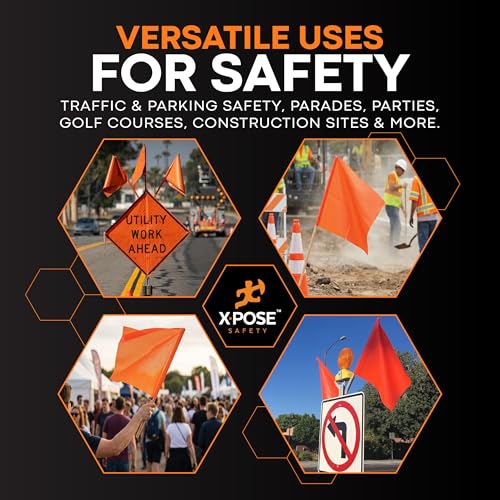 Image of Xpose Safety Orange Vinyl Safety Flags 18 inch x 18 inch with 24 inch Wooden Staff, 2 Pack - High Visibility Warning Flags for Road Work, Traffic Control, Parking Lots & Emergency Response